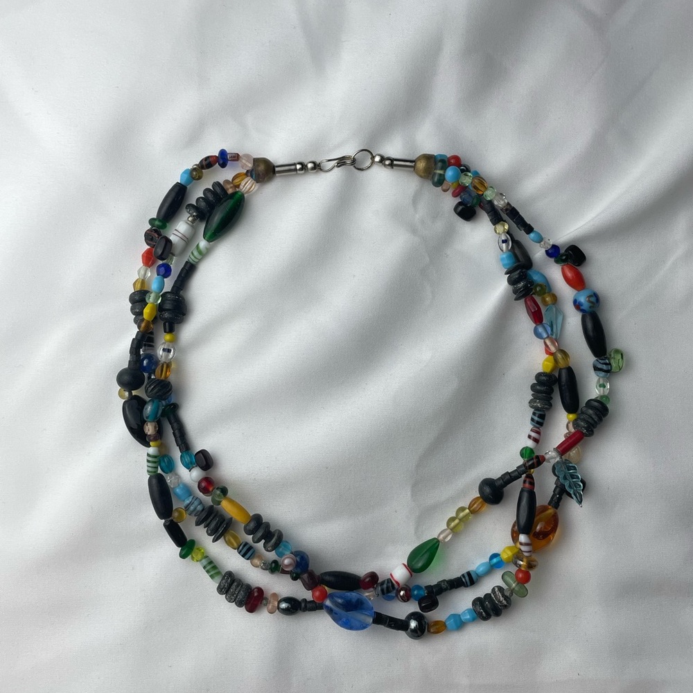 Glass mixed trade beads with black wood beads bohemian necklace